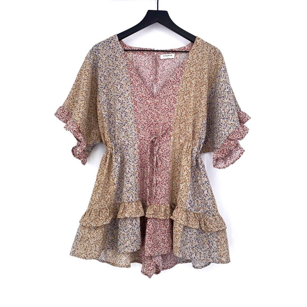 STORIA Color Block Floral Romper Pastel Pink Blue Yellow S